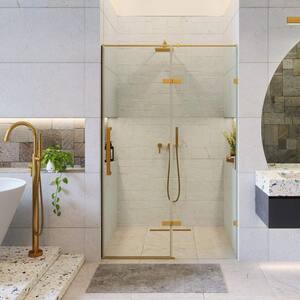 60 in. W x 74.25 in. H Hinged Frameless Shower Door in Satin Brass Finish with Tempered Glass