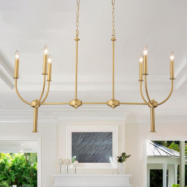 6-Light Brushed Gold 43.3" Wide Brass Linear Candelabra Chandelier