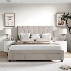 Beige Wood Frame Queen Size Velvet Upholstered Platform Bed with Big Drawer and Height Adjustable Headboard