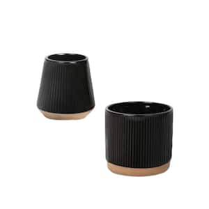 Modern 6 in. L x 6 in. W x 6 in. H Black Vertical Stripes Ceramic Round Indoor Planter (3-Pack)