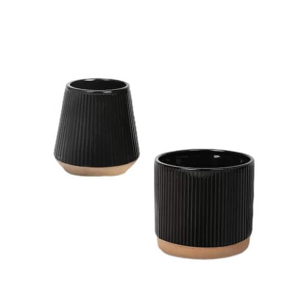 ITOPFOX Modern 6 in. L x 6 in. W x 6 in. H Black Vertical Stripes Ceramic Round Indoor Planter (3-Pack)