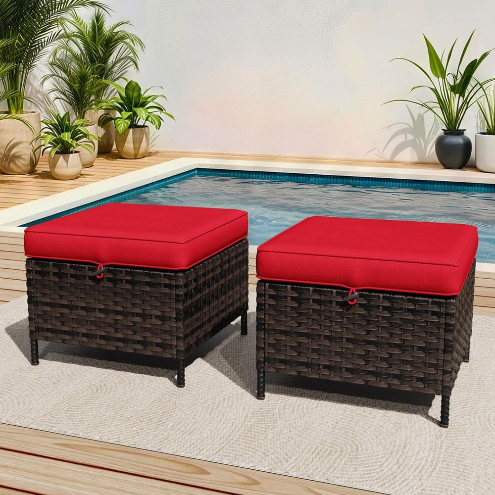 Brown Wicker Outdoor Patio Ottoman with Red Cushions (Set of 2)