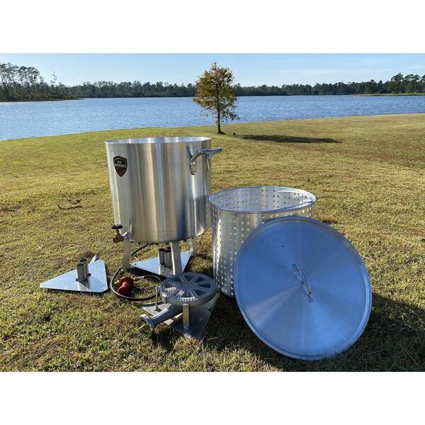 High Performance Cookers 18 qt. Fish Fryer and Brazier Powered Pot with Basket, Lid, 6 in. Banjo Burner, Built-in Stand and 10 PSI Regulator