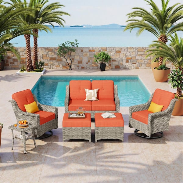 Heliora Gray Wicker Patio Loveseat Set Outdoor Lounge Swivel Chair with Stripe Orange Red Cushion, Ottoman & Side Table