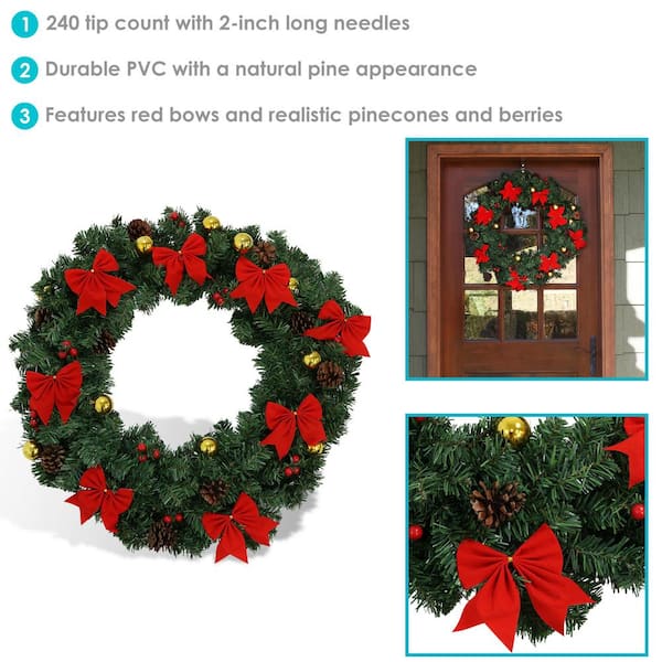 Sunnydaze Decor 24 in. Artificial Christmas Wreath with Red Holiday Bows  CXT-323 - The Home Depot
