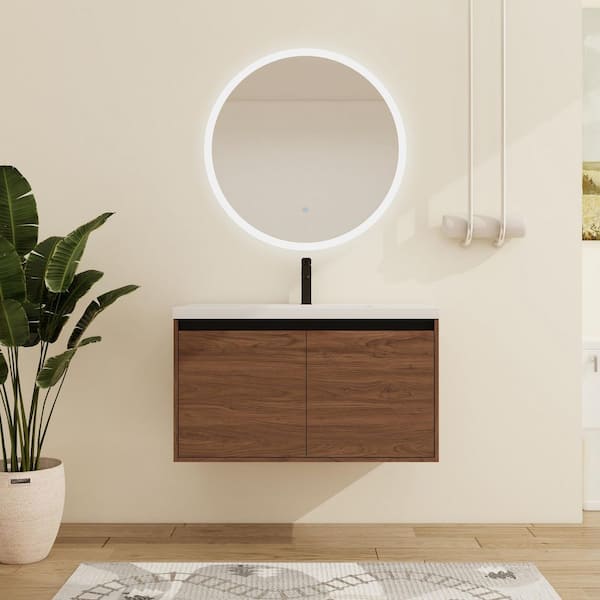 35.43 in. W x 18.11 in. D x 20.47 in. H Wall-Mounted Bath Vanity in Brown with White Resin Vanity Top