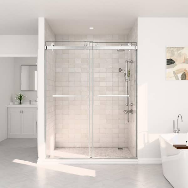 60 in. W x 76 in. H Double Sliding Frameless Shower Door in Brushed Nickel with Smooth Sliding and 3/8 in. Clear Glass