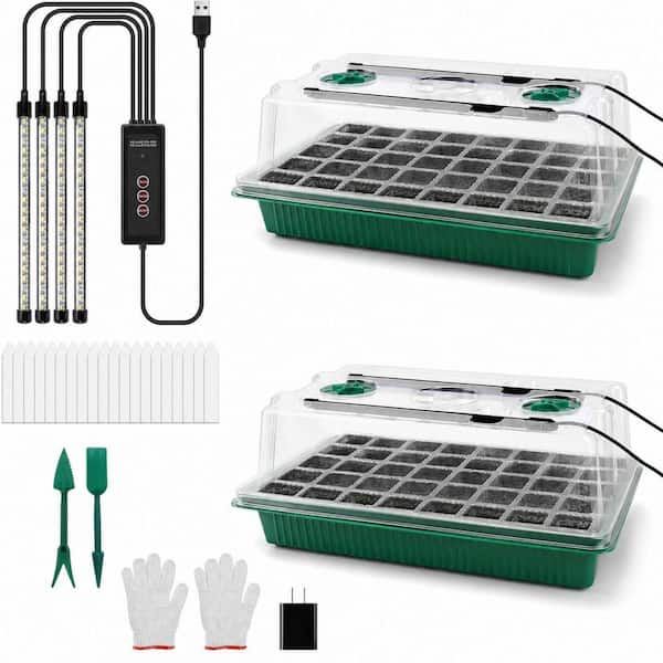 80-Cell Seed Starter Tray Green with Grow Light and Humidity Dome Adjustable Brightness Plant Germination Trays (2-Pack)