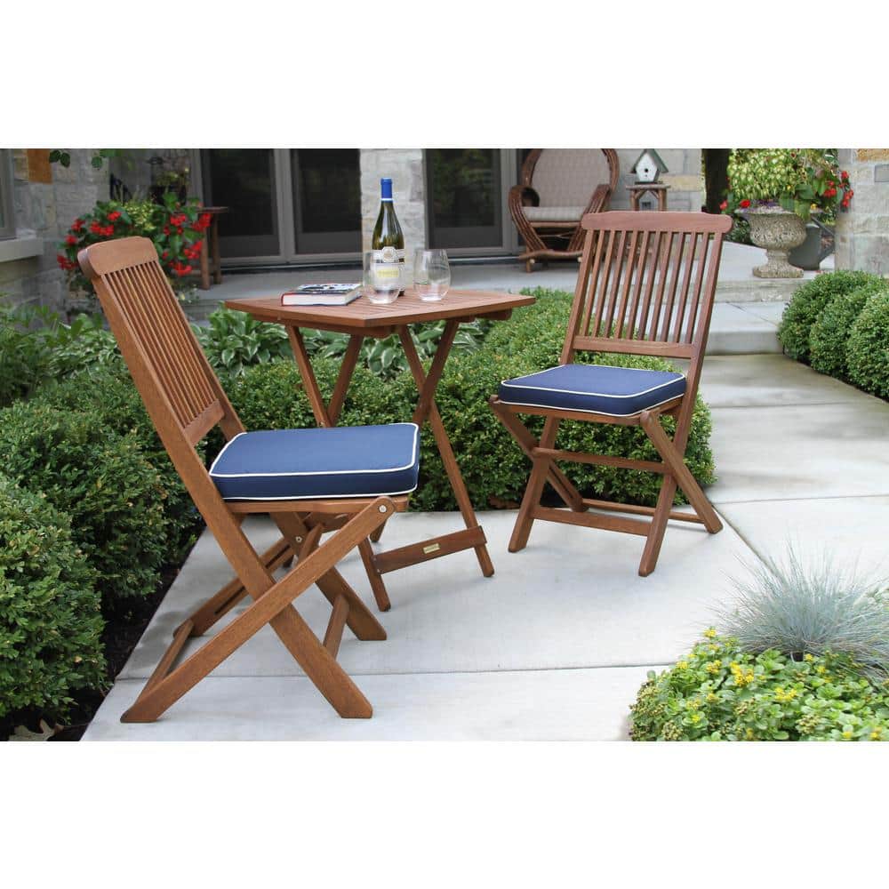 Eucalyptus Wood 3-Piece Foldable Bistro Set with Blue Cushions