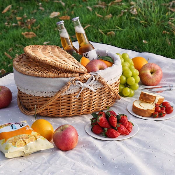 Wudkey Wicker Picnic Basket with Lid, Removable Liner, and Double