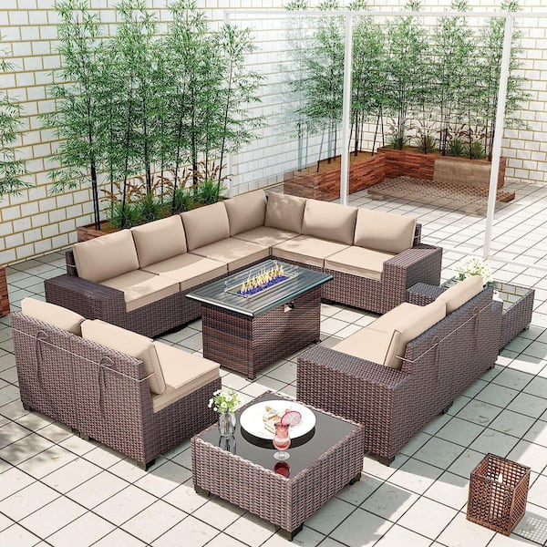 13-Piece Wicker Patio Conversation Set with 55000 BTU Gas Fire Pit Table and Glass Coffee Table and Sand Cushions