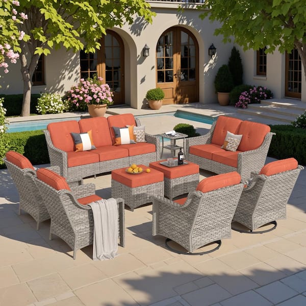 Toject Eureka Gray 9-Piece Wicker Modern Outdoor Patio Conversation Sofa Seating Set with Swivel Chairs and Red Cushions