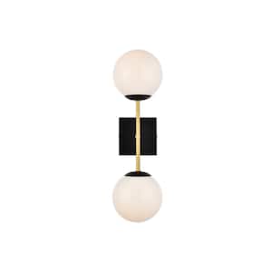Home Living 5.9 in. 2-Light Black and Brass Vanity Light with Glass Shade