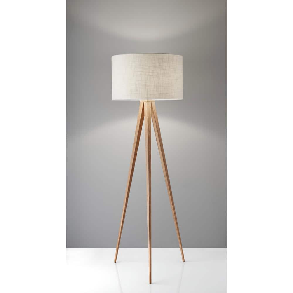 Natural Oak Veneer Tripod Floor Lamp with Drum Shade