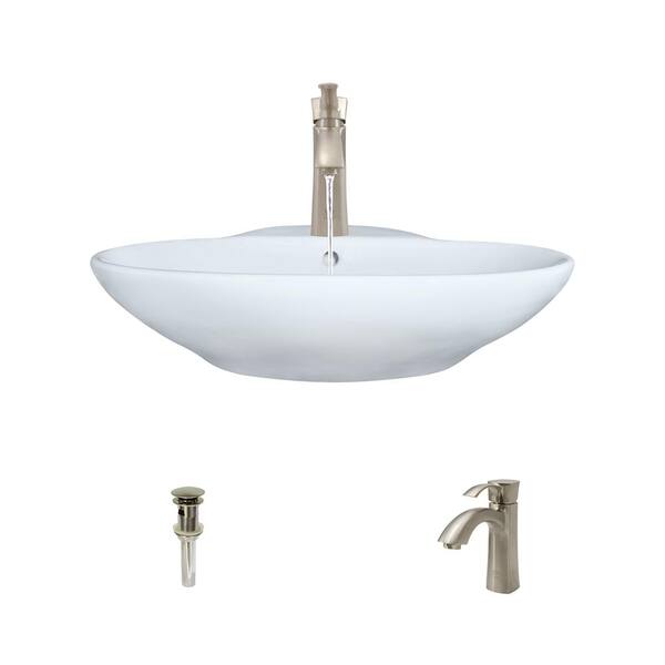 MR Direct Porcelain Vessel Sink in White with 725 Faucet and Pop-Up Drain in Brushed Nickel
