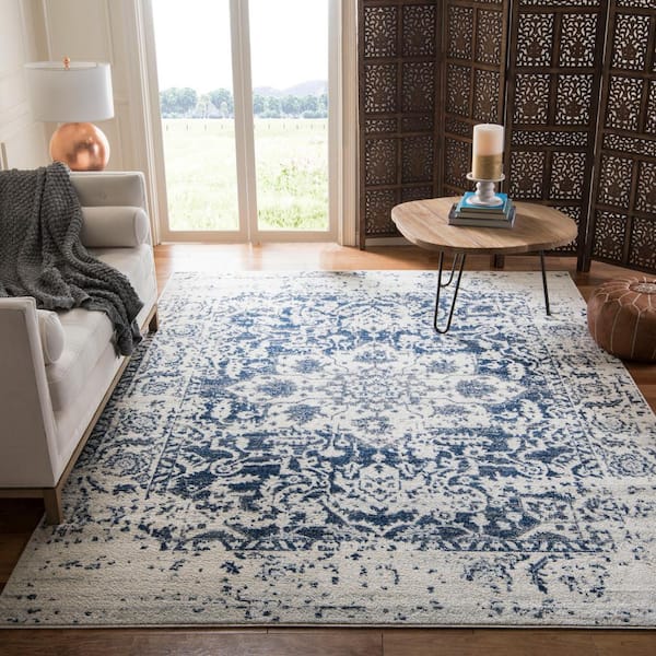 Madison Cream/Navy 12 ft. x 18 ft. Geometric Border Floral Medallion Area Rug