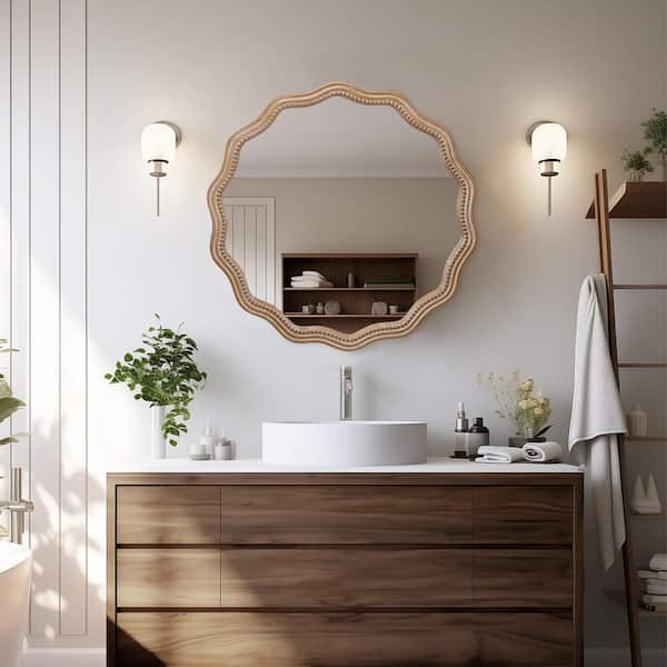 Brown 23.62 in. W x23.62 in. H Farmhouse Round Wavy Wall Wood Framed Mirror Vanity Mirror Decorative Wall Mounted Mirror