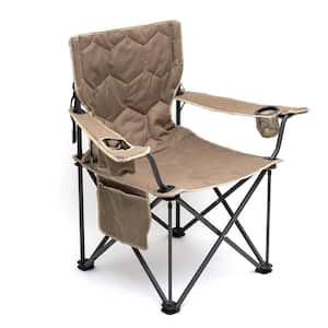 Khaki Metal Patio Folding Beach Chair Lawn Chair Outdoor Camping Chair with Side Pockets and Built-In Opener