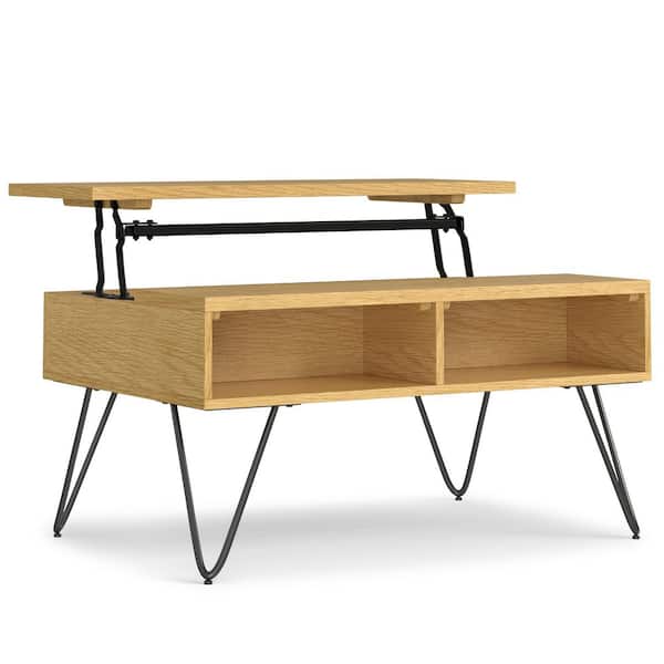 Simpli Home Hunter 36 in. Oak Wide Rectangle Wood Industrial Small Lift Top Coffee Table