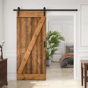 30 in. x 84 in. Z Series Walnut Stained Solid Knotty Pine Wood Interior Sliding Barn Door with Hardware Kit and Handle