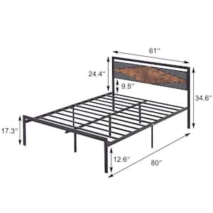 Bed Frame, Black Metal Frame Queen Platform Bed with Metal&Wood Headboard, Metal Slats Foldable Industrial Wooden Style