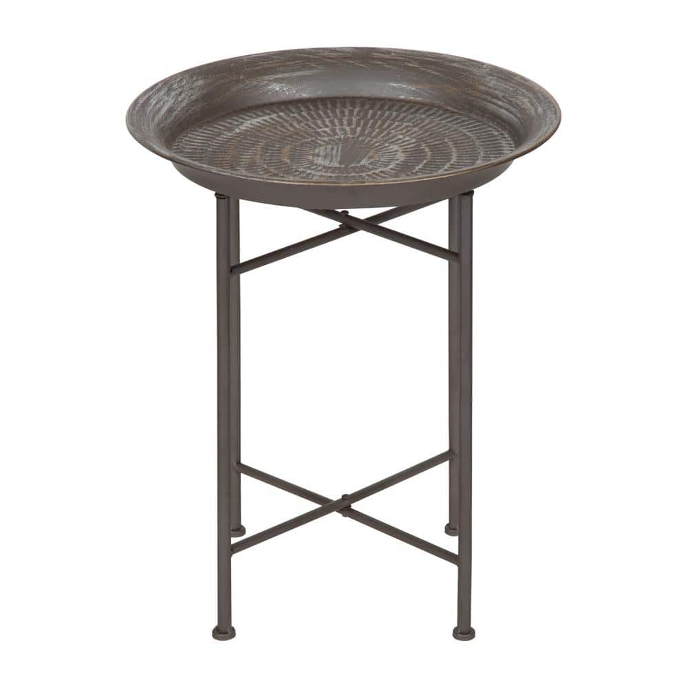 Moroccan-Inspired Dark Silver Hammered Metal Round Side Table
