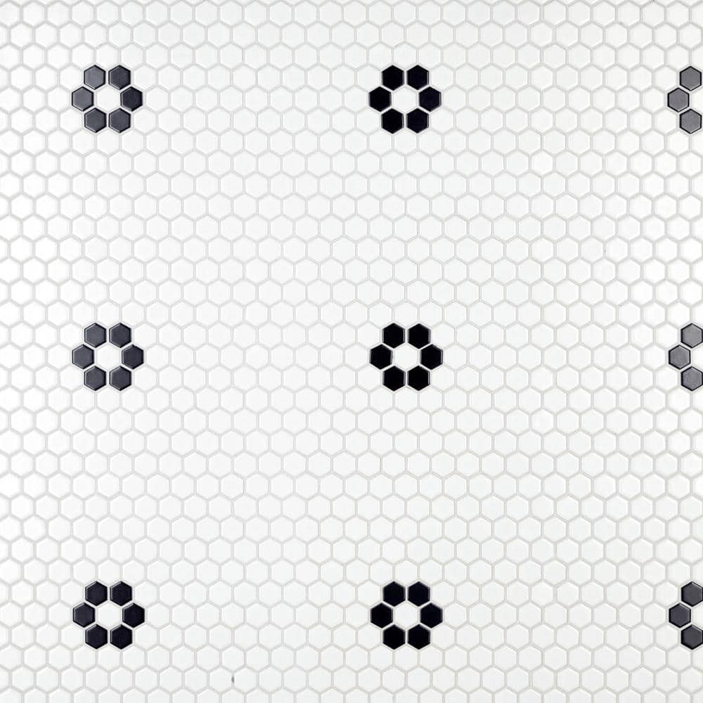 Merola Tile Metro 1 in. Hex Matte White with Single Flower 10-1/4