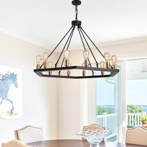 Round 12-Light Black Chandelier Classic Ceiling Hanging Vintage Light Fixture for Dining Living Room Kitchen Island
