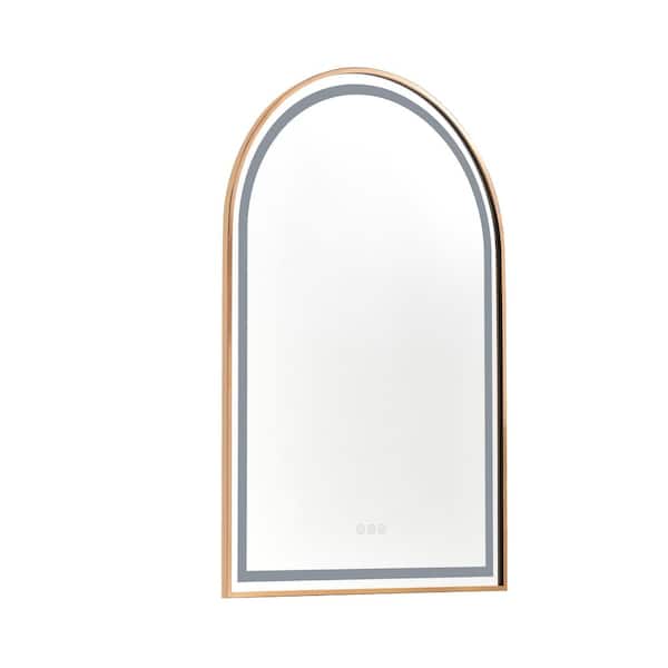 Unbranded 39 in. W x 26 in. H Arched Rectangular Framed LED Anti-Fog Dimmable Wall Mount Bathroom Vanity Mirror in Rose Gold