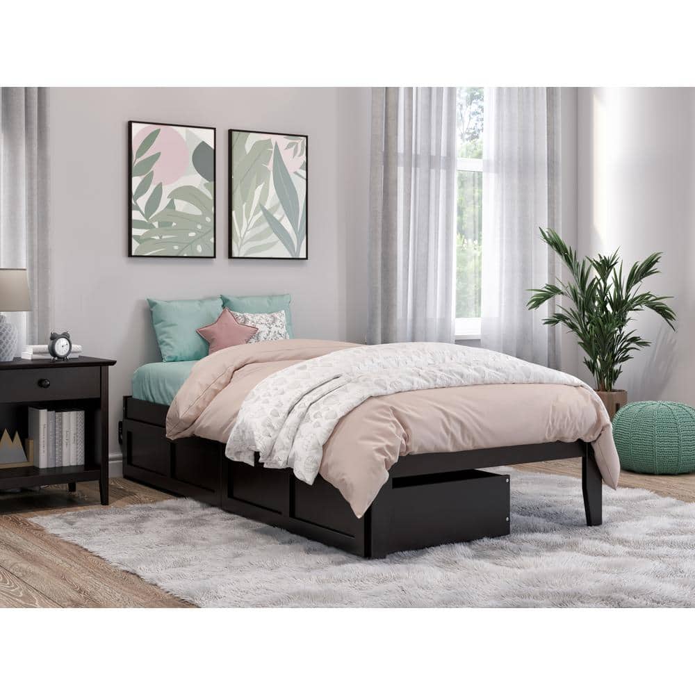 Espresso Twin Wood Platform Bed with 2 Storage Drawers