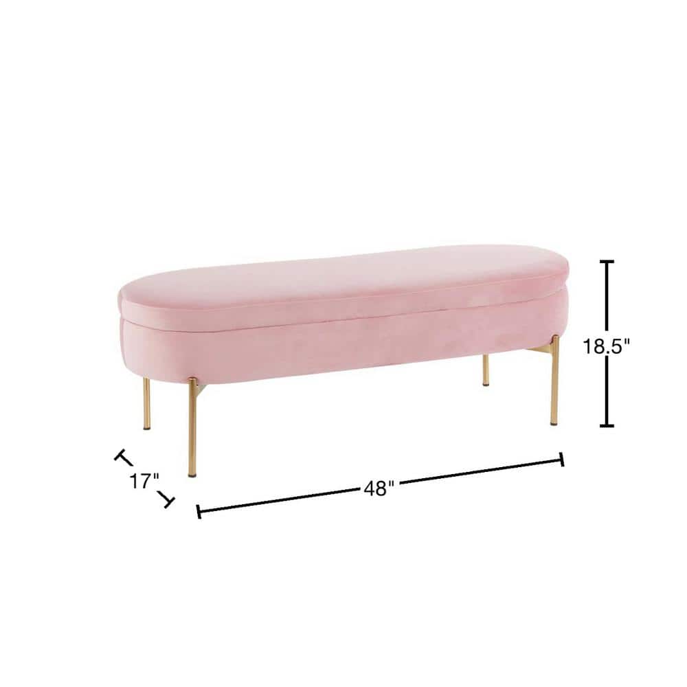 Chloe Blush Pink Velvet 48" Storage Bench with Gold Metal Base