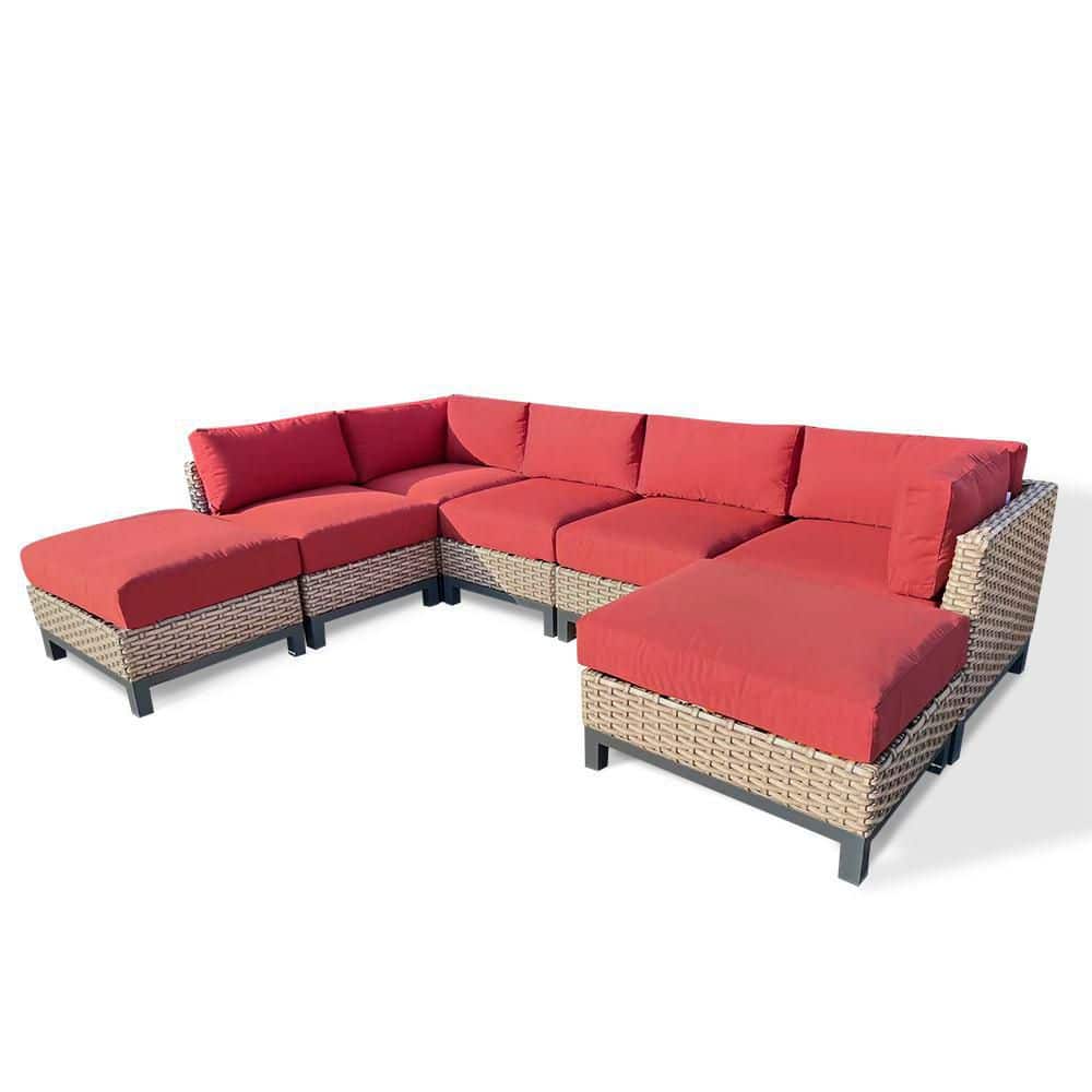 Wicker Home The Delta 7-Piece Outdoor HiGreen Sectional with Outdoor - 0160-2 Canvas Sunbrella Terracotta Resin Depot Cushions