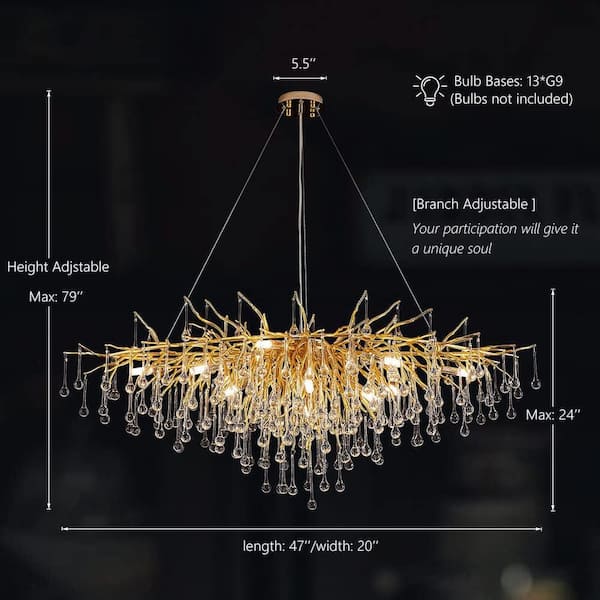 Modern Chandelier 47 in. 13-Lights Gold Luxury Crystal Globe Linear Chandelier for Dining Room, Kitchen Island, Foyer