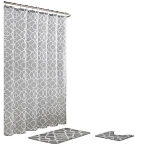 Elsa Geometric 18 in. x 30 in. Bath Rug and 72 in. x 72 in. Shower Curtain 15-Piece Set in Light Gray/White