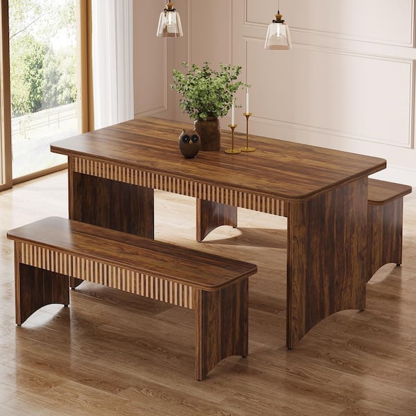 Moronia 3-Piece Rectangle Rustic Brown Wood Top Dining Table Set Seat- 4, Farmhouse Dining Room Table Set for Dinner
