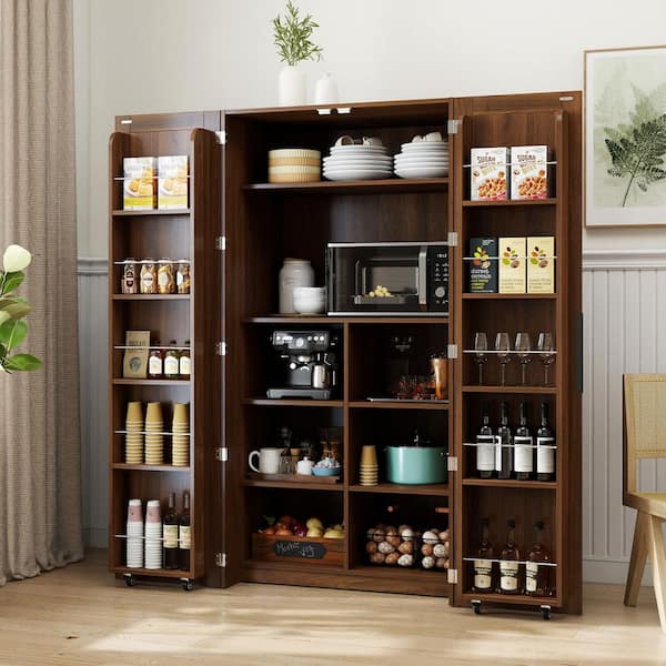 Shareef 62.8 in. H Walnut Wood Pantry Storage Cabinet with 2 Cupboards Sideboard Doors and Multi Shelves