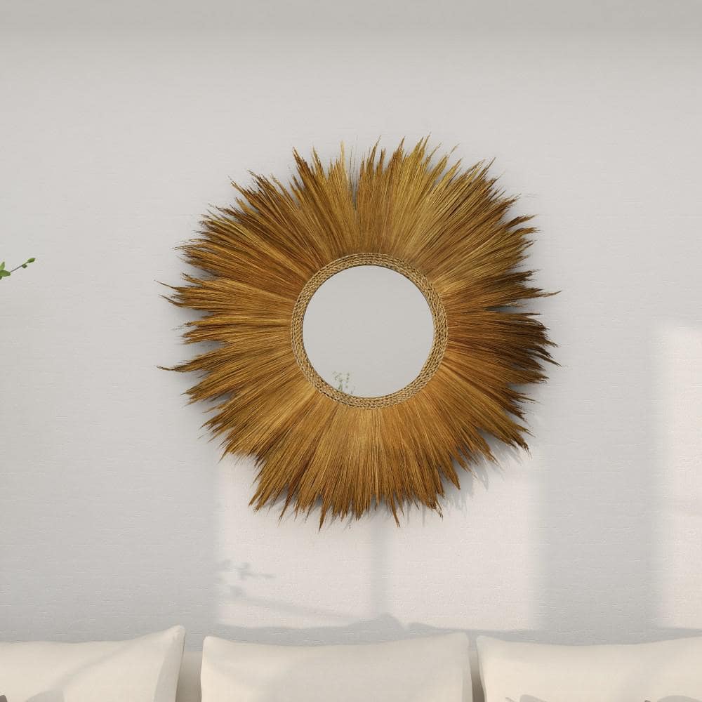 Golden Sunburst Round Decorative Wall Mirror with Grass Trim