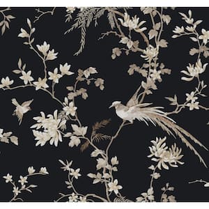Ronald Redding Black Bird and Blossom Chinoserie Paper Unpasted Matte Wallpaper (27 in. x 27 ft.)