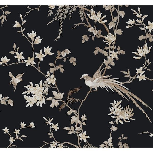 Ronald Redding Black Bird and Blossom Chinoserie Paper Unpasted Matte Wallpaper (27 in. x 27 ft.)