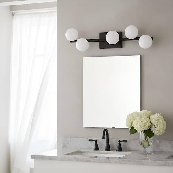 Altair 24 in. 5-Light Aged Iron Bathroom Vanity Light with Milk Glass Shades