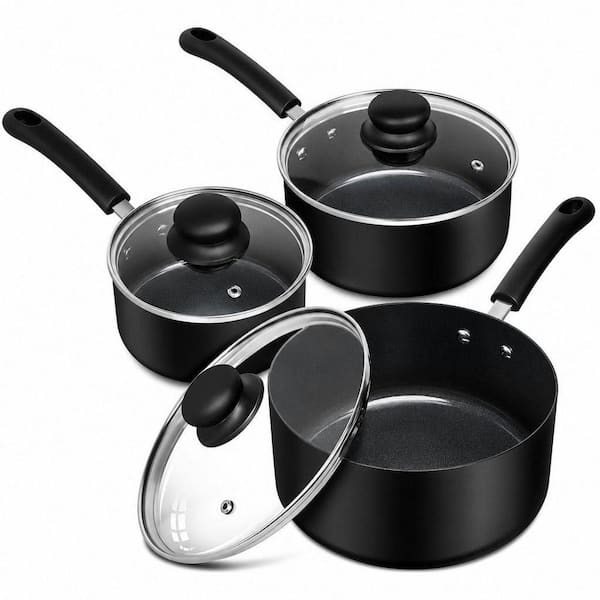 3-Piece Non-Stick Aluminum Sauce Pan Set with Lid, Multi-Pot Set with 1QT, 2QT and 3QT, Black