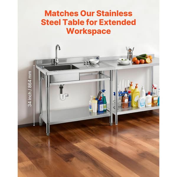 Stainless Steel Utility Sink, 1 Compartment Free Standing Small Sink w/Workbench Faucet and legs, 39.4 x 19.1 x 37.4 in.
