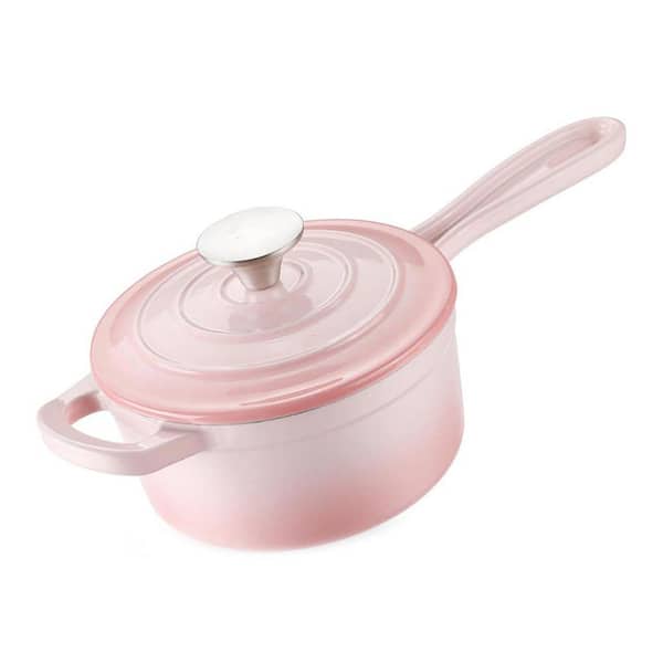 1 qt. Enameled Cast Iron Nonstick Sauce Pan in Gradient Pink with Lid for Pasta Sauce, Gravy, Puddings