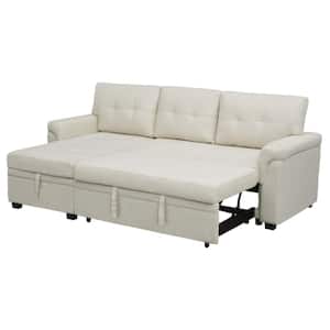 78 in. W Stylish Reversible Velvet Sleeper Sectional Sofa Storage Chaise Pull Out Convertible Sofa in Cream