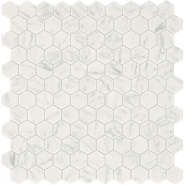 Uptown Glass Carrara 11 in. x 12 in. Matte Glass Hexagon Mosaic Floor and Wall Tile (16.92 sq. ft. /case)
