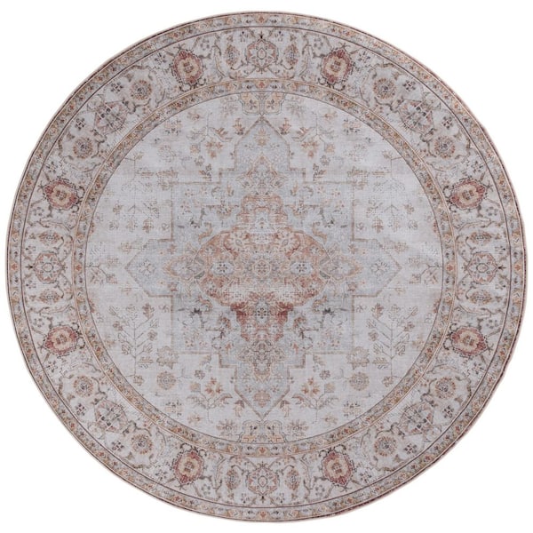 Tucson Light Gray/Rust 8 ft. x 8 ft. Machine Washable Ornate Border Round Area Rug