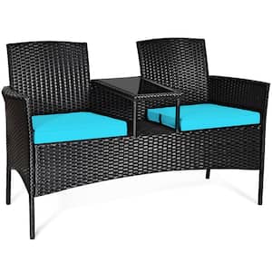Wicker Patio Rattan Conversation Set with Turquoise Cushions