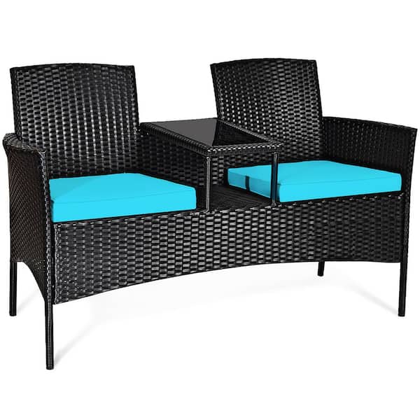 Costway Wicker Patio Rattan Conversation Set with Turquoise Cushions
