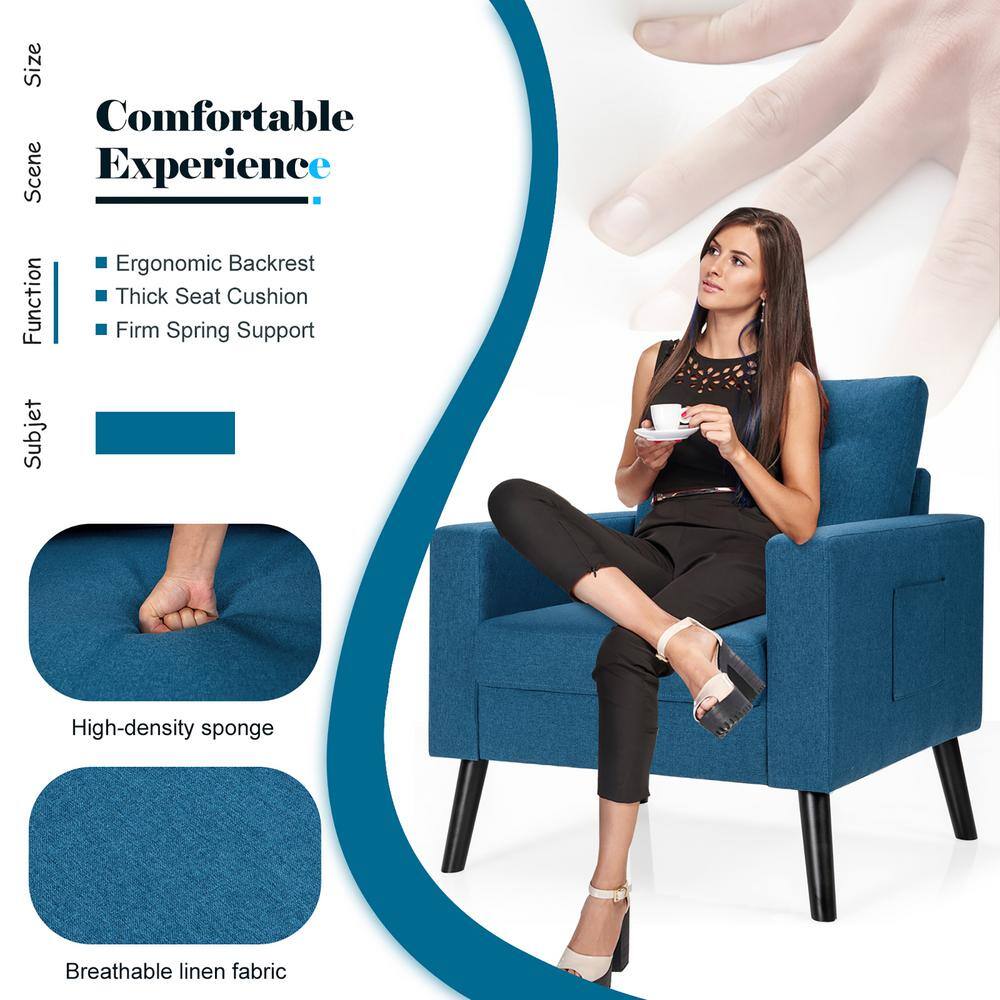 Navy Blue Fabric Upholstered Armchair with Side Pockets