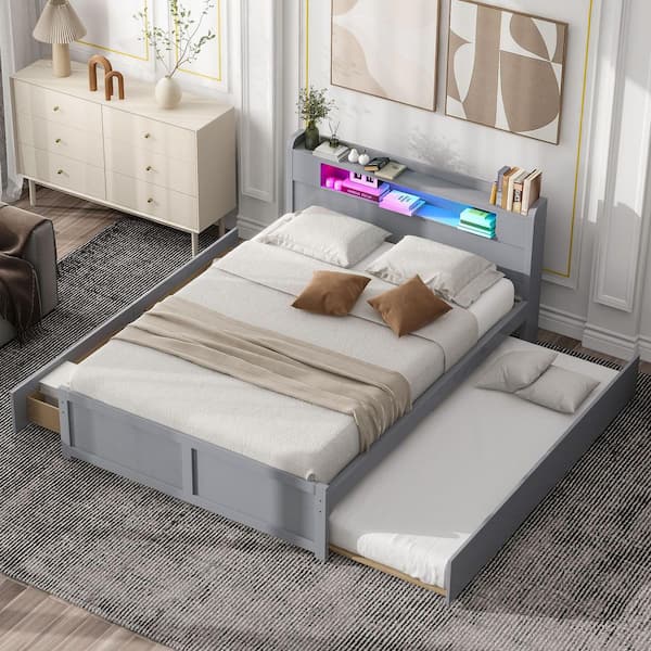Harper & Bright Designs Gray Wood Frame Queen Size Platform Bed with 2-Drawer, LED Lighted Headboard with Inner Shelf, Twin Size Trundle